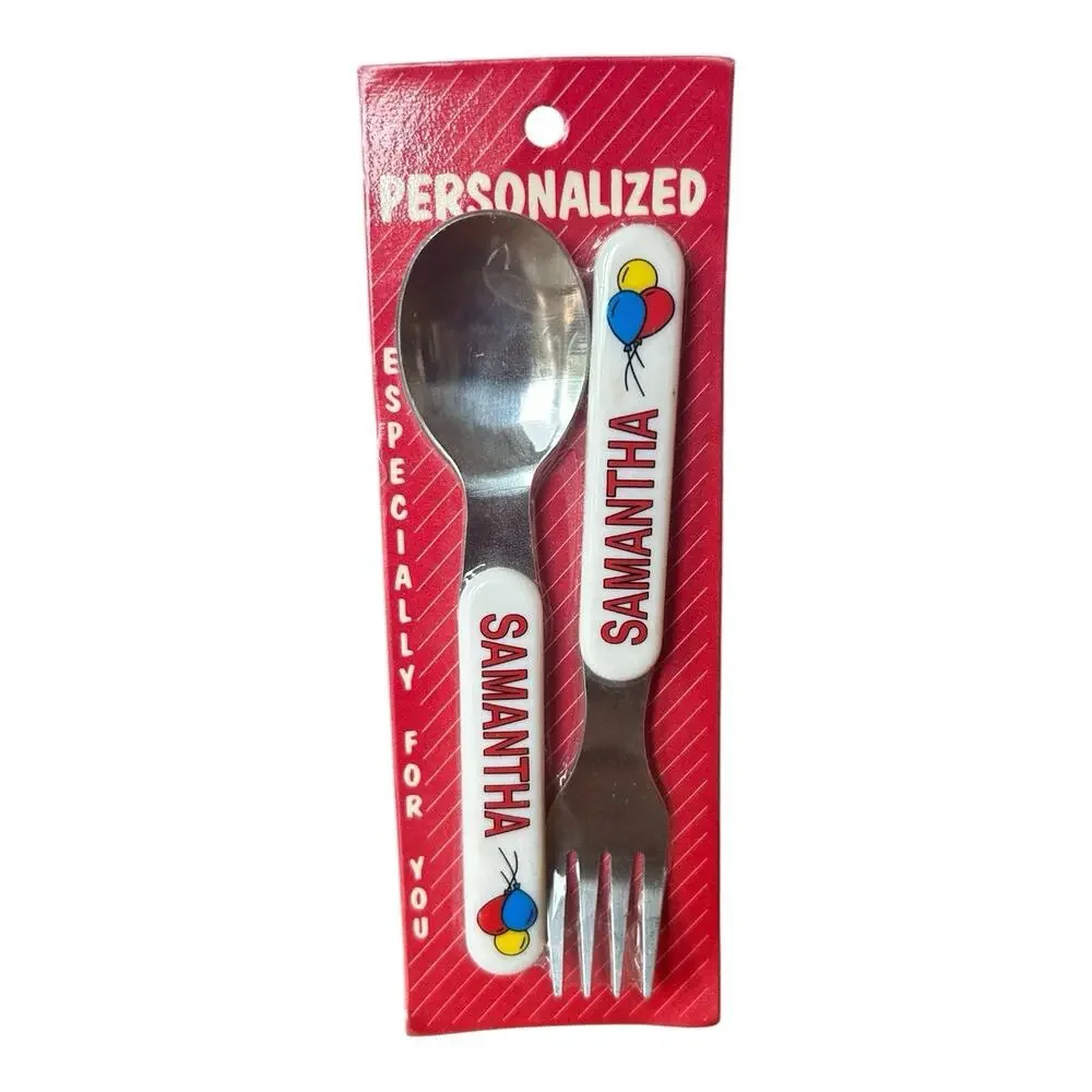 Vintage Personalized “Samantha” Name Baby Toddler Spoon Fork Utensils Balloons